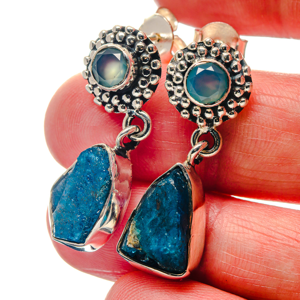 Sterling silver earrings with round aqua stones and blue dangle drops