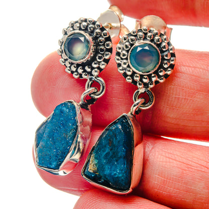 Sterling silver earrings with round aqua stones and blue dangle drops