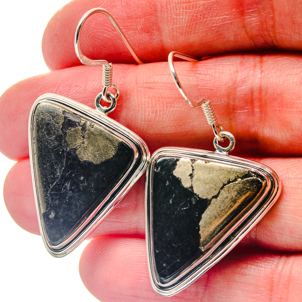 Triangular black stone drop earrings with gold pyrite veining, silver-tone hook