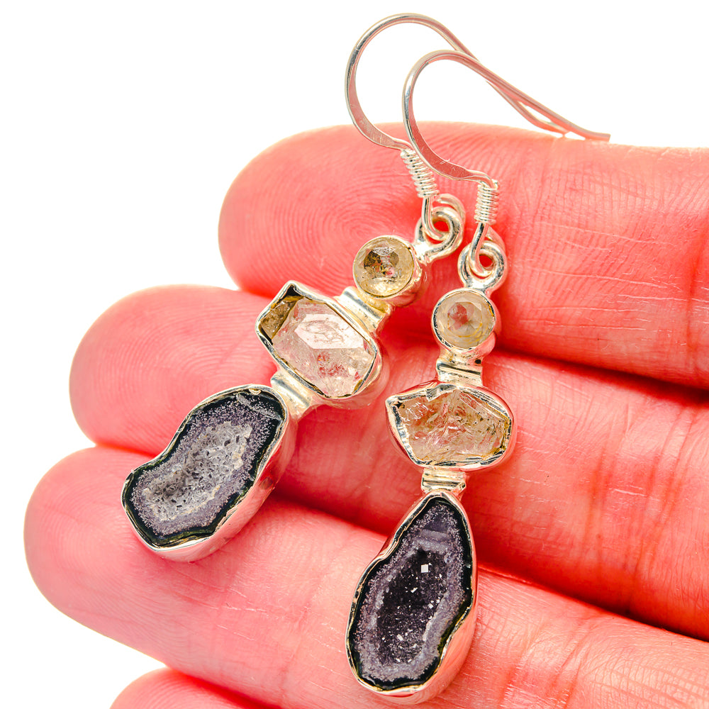 925 sterling silver earrings with clear quartz and dark druzy stone drops