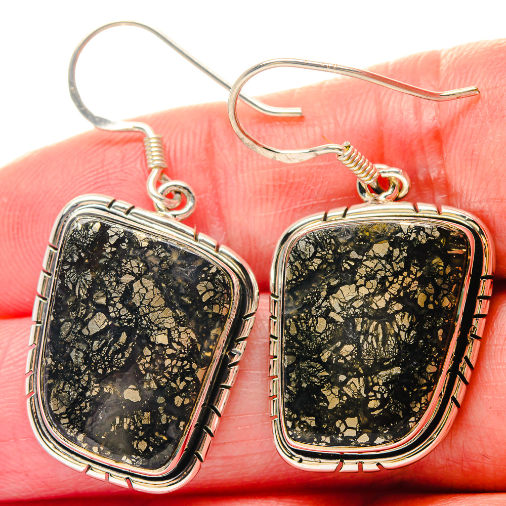 Sterling silver bezel pyrite agate earrings with fishhook, black-gold flecked squares