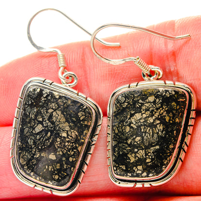 Sterling silver bezel pyrite agate earrings with fishhook, black-gold flecked squares