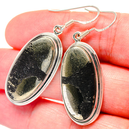 Pyrite agate oval drop earrings on silver hooks, black-green stone with glittery flecks
