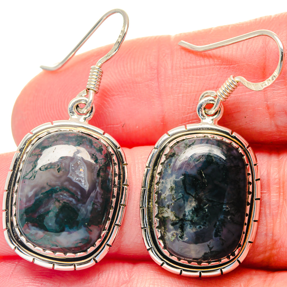 Oval moss agate cabochon earrings in 925 sterling silver, dark green and black