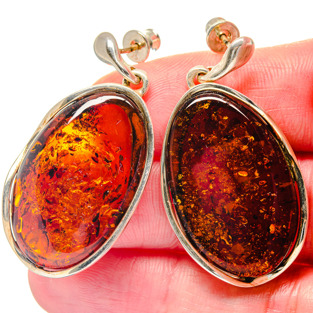 Oval Baltic amber drop earrings, dark honey amber in 925 sterling silver bezel