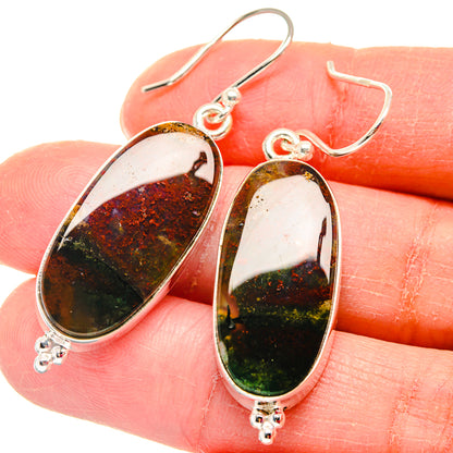 Sterling silver bezel-set oval bloodstone drop earrings, dangle style
