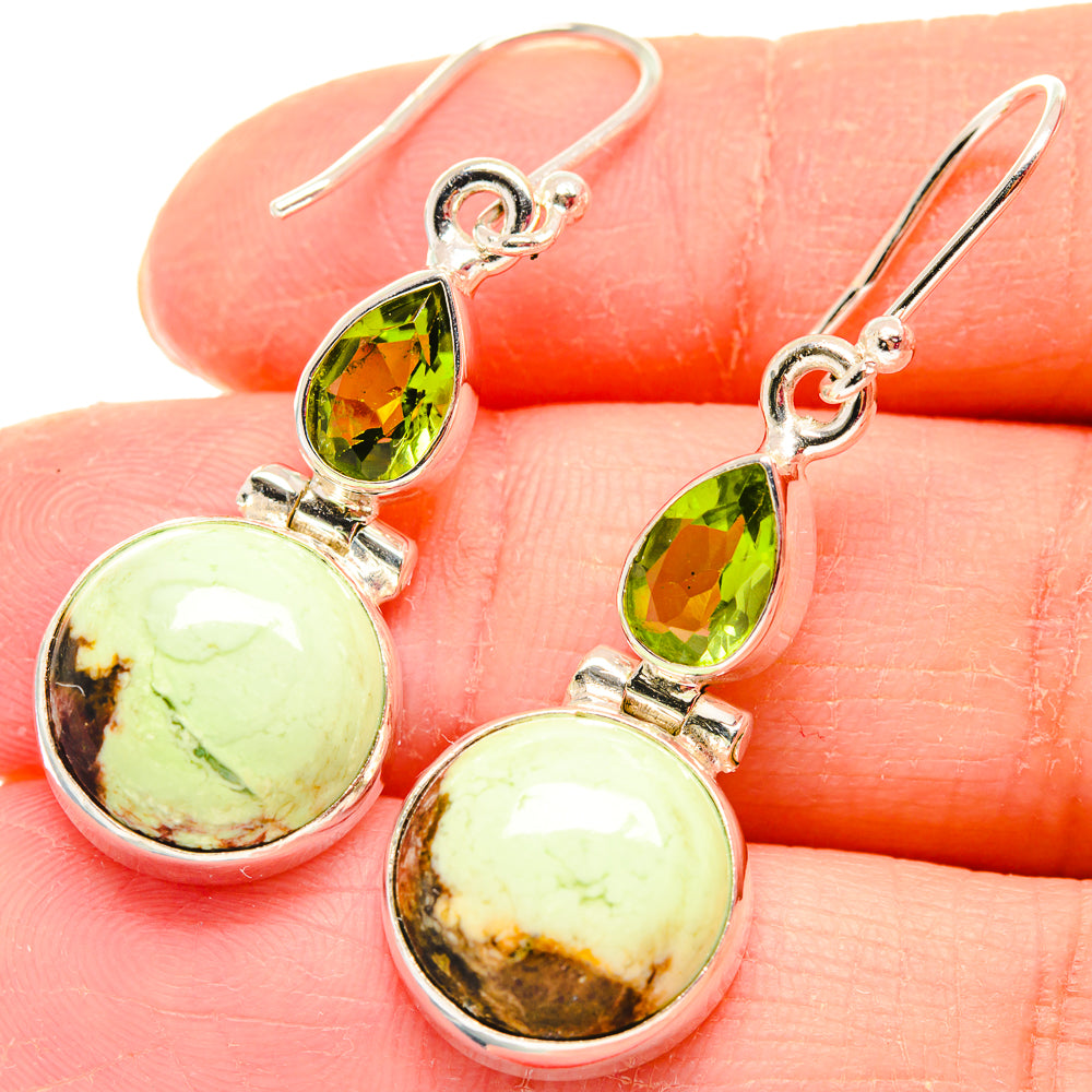 Sterling silver earrings with green teardrop and round cabochon gemstones