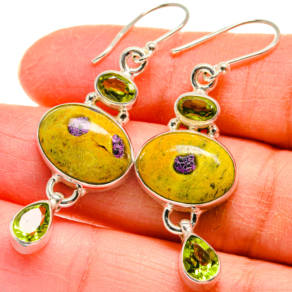 925 sterling silver peridot drop earrings with yellow oval center and green teardrop stones
