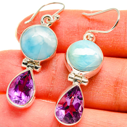 Larimar and amethyst drop earrings, round blue stones and purple teardrops in silver