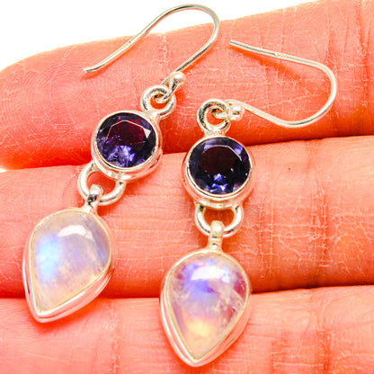 925 sterling silver drop earrings with dark blue round stones and opal teardrop moonstones