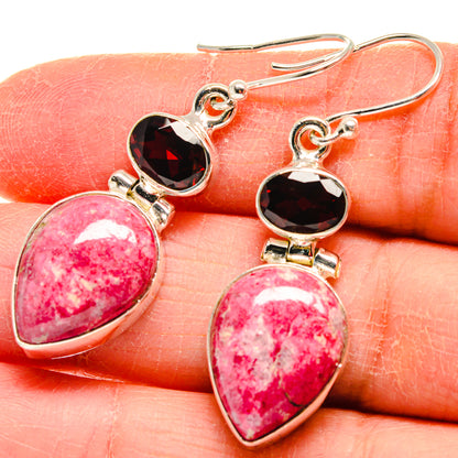 Sterling silver dangle earrings with pink teardrop stone and dark red top stones