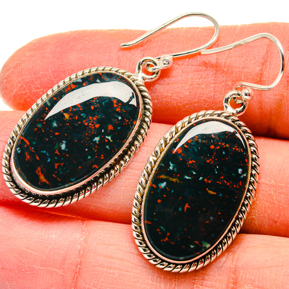 Oval bloodstone dangle earrings with 925 sterling silver frames, red-green speckled stones