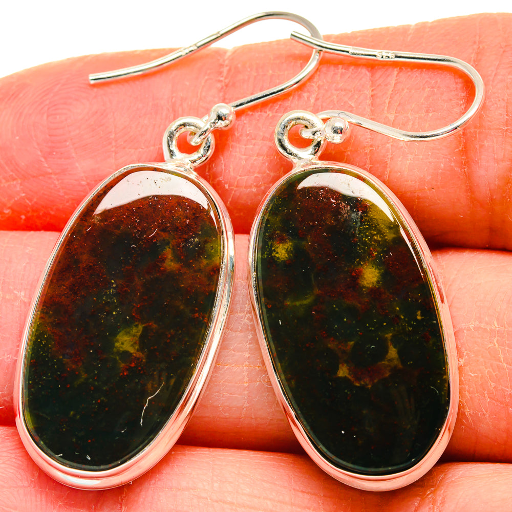 Sterling silver oval drop earrings with dark green-red bloodstone cabochons