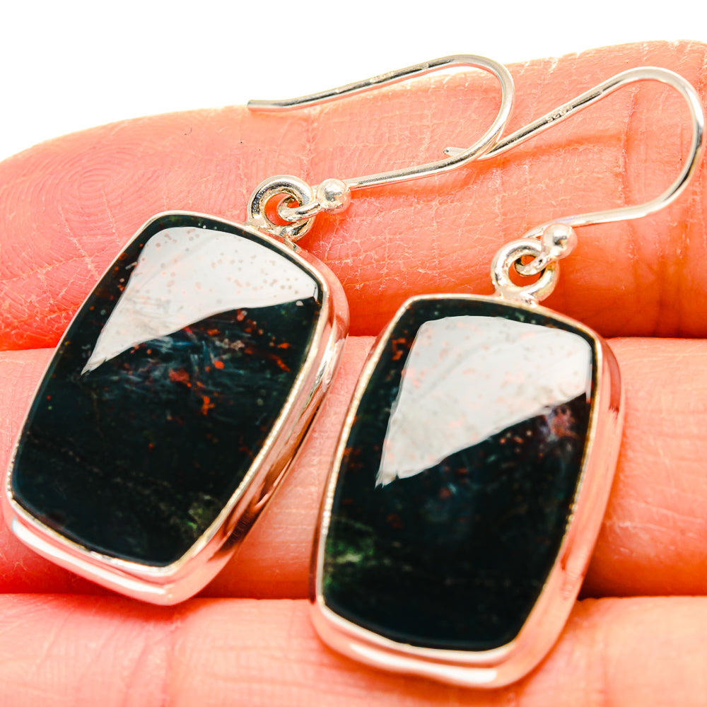 Sterling silver bloodstone drop earrings, dark stone with green flecks, on close-up