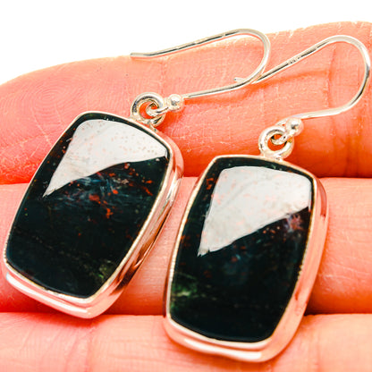 Sterling silver bloodstone drop earrings, dark stone with green flecks, on close-up