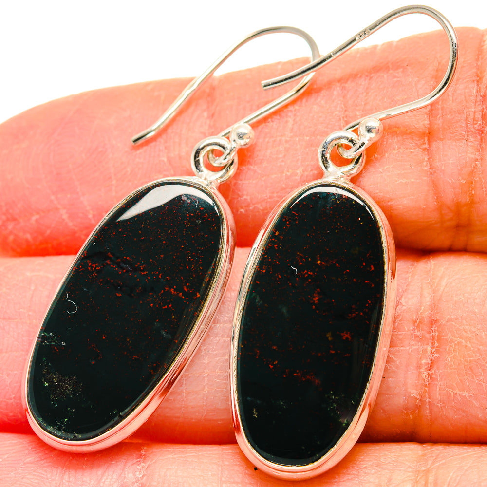 Bloodstone drop earrings in 925 sterling silver, oval dark green stone close-up