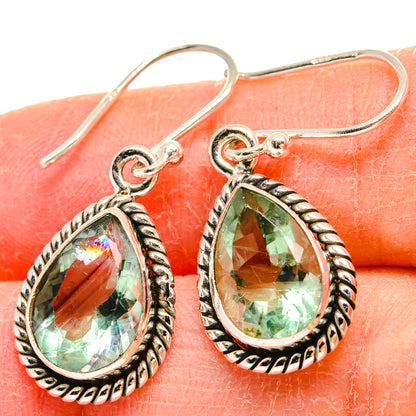 Green fluorite teardrop earrings, 925 sterling silver rope bezel with faceted stone