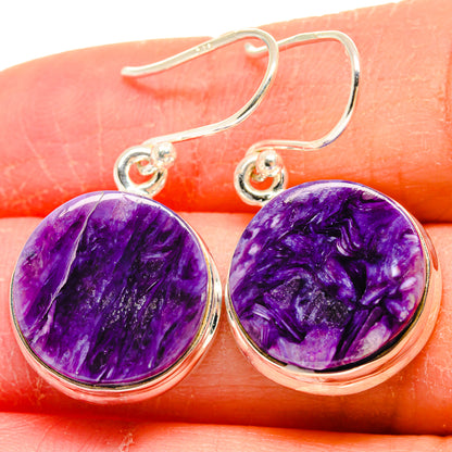 925 sterling silver charoite earrings with round purple cabochon, drop hook