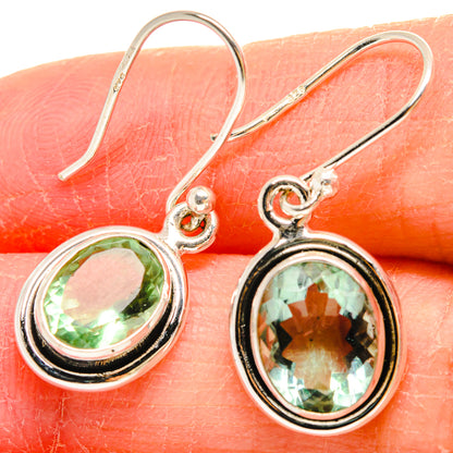 Green fluorite drop earrings in 925 sterling silver, oval stones with black bezel