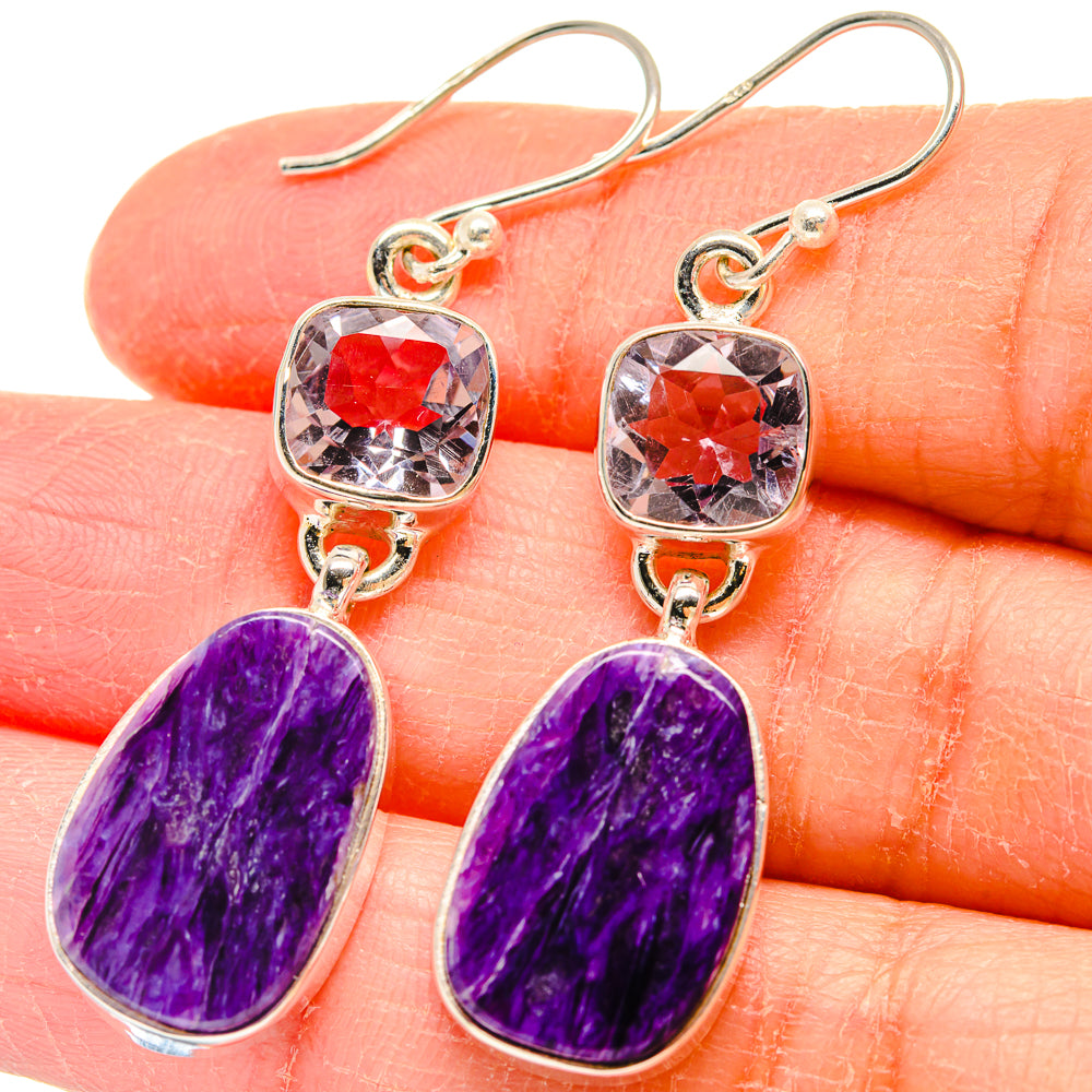 Silver drop earrings with square faceted red-pink top and purple teardrop stones