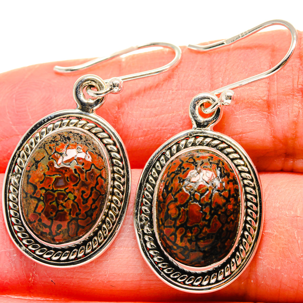 925 sterling silver dangle earrings, oval bezel with red/orange speckled stone