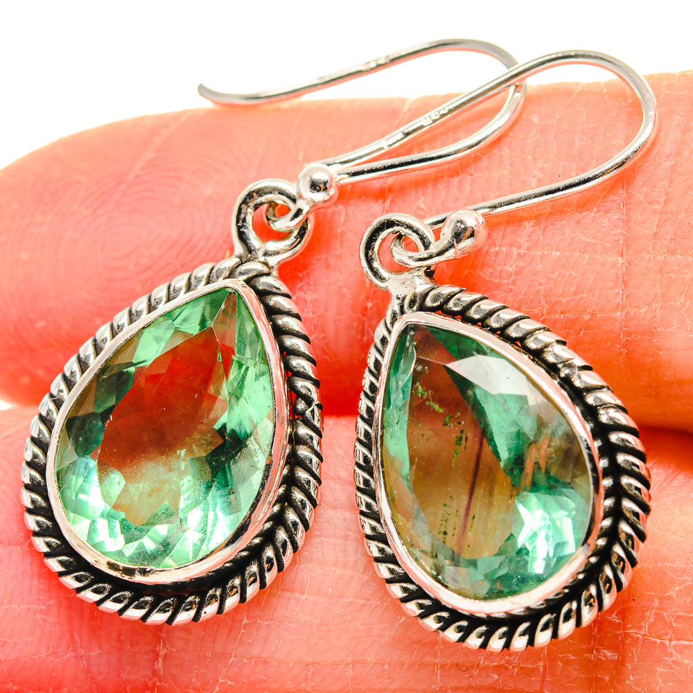 Green fluorite teardrop earrings in 925 sterling silver, ornate rope setting