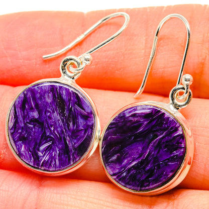 925 sterling silver drop earrings with round purple charoite cabochon, lever hooks
