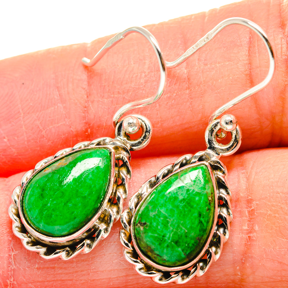 Green teardrop stone earrings, 925 sterling silver with hooked backs and ornate frame