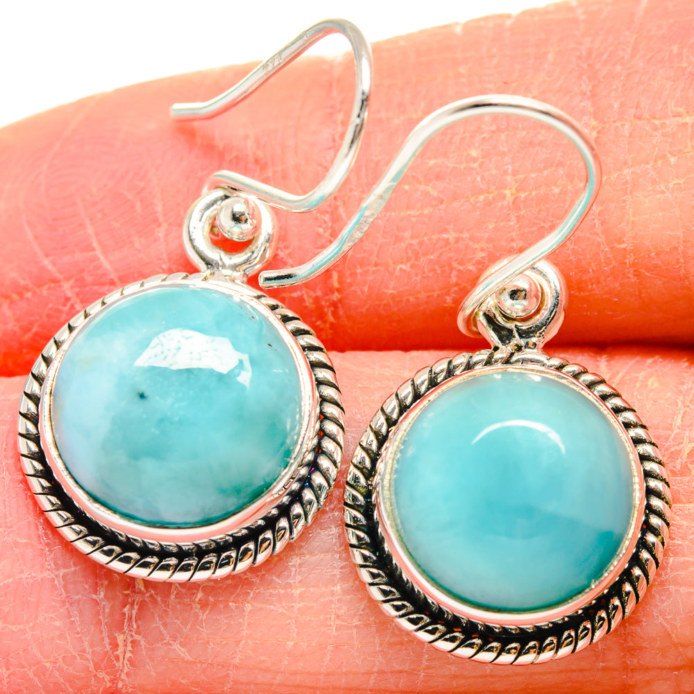 Sterling silver larimar round cabochon drop earrings with beaded bezel and hooks