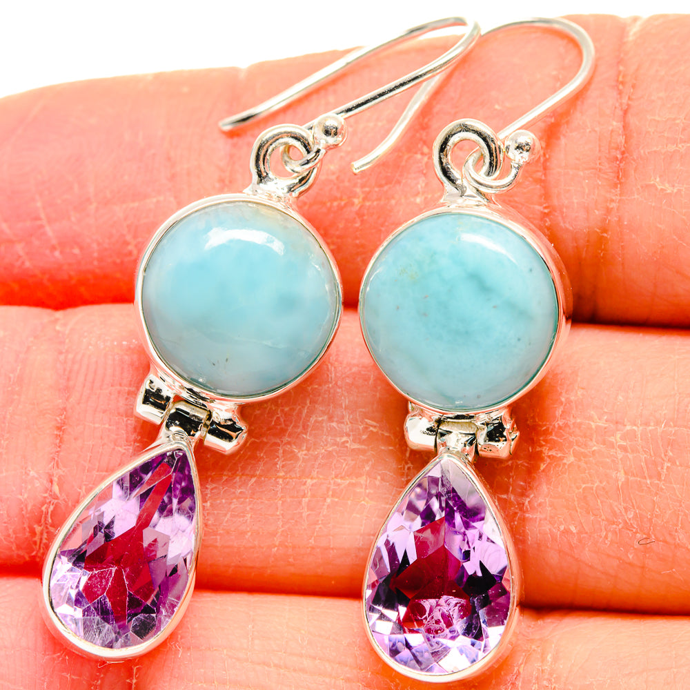Larimar round and amethyst teardrop earrings, sterling silver lever-back hooks