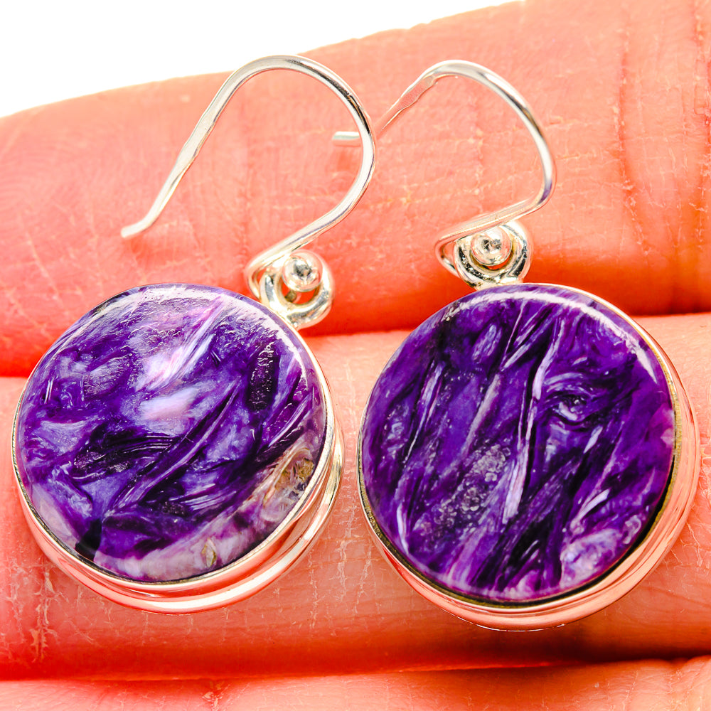 Purple oval charoite drop earrings, 925 sterling silver, with lever hooks