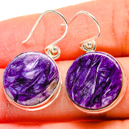 Purple oval charoite drop earrings, 925 sterling silver, with lever hooks