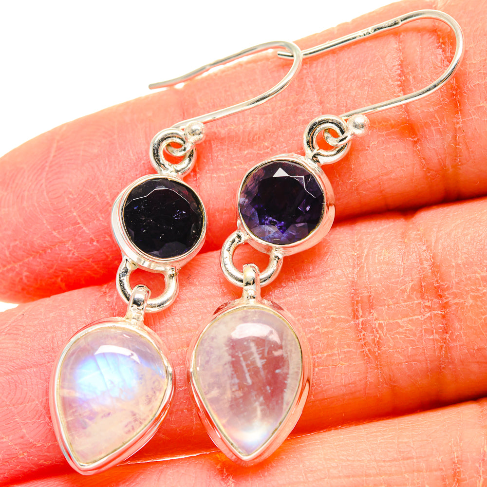 Silver drop earrings with oval moonstone and round deep blue/purple gemstones