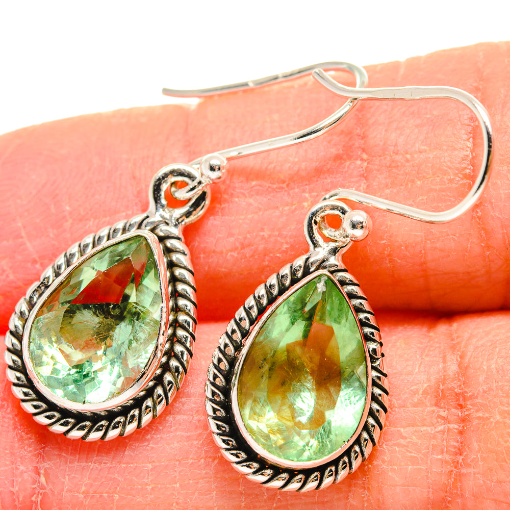 Green teardrop fluorite drop earrings, 925 sterling silver hook with braided bezel