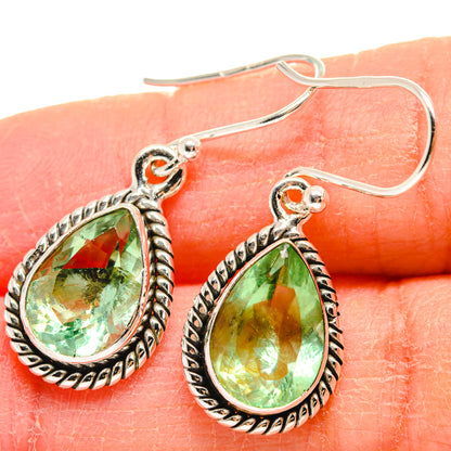 Green teardrop fluorite drop earrings, 925 sterling silver hook with braided bezel