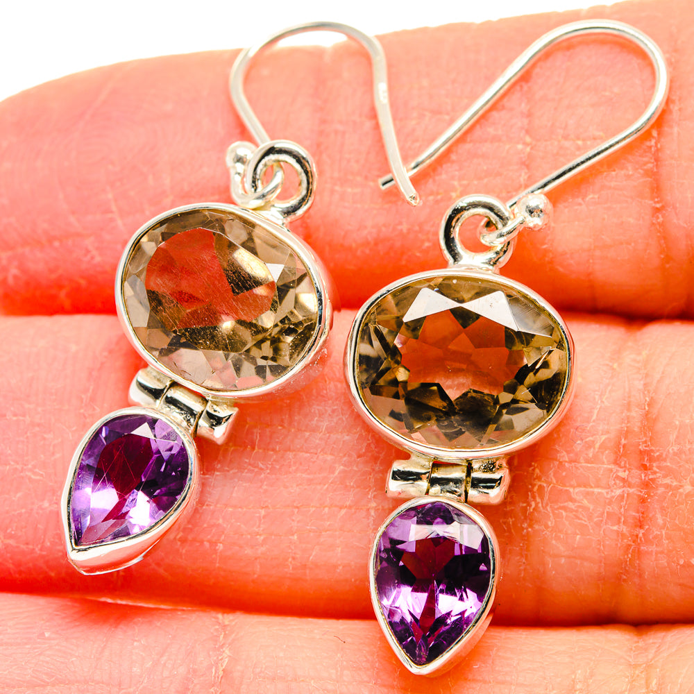 Faceted smoky quartz and amethyst drop earrings on sterling silver hooks