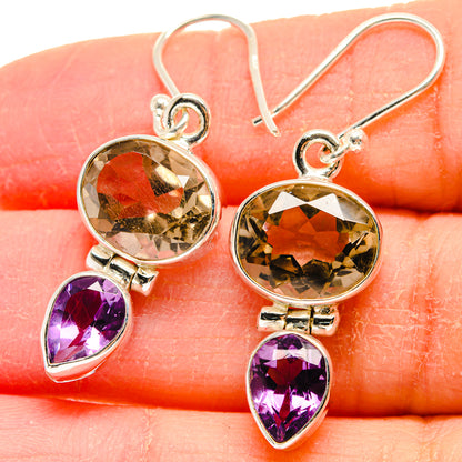 Faceted smoky quartz and amethyst drop earrings on sterling silver hooks