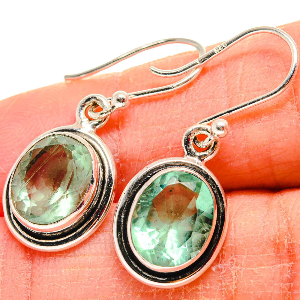 Green fluorite drop earrings, 925 sterling silver with oval green stones and halo bezel