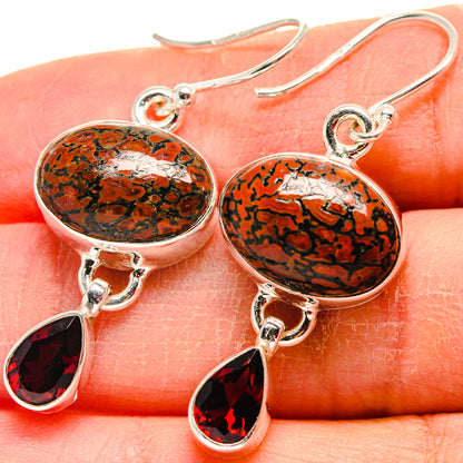 Dinosaur bone oval drop earrings in 925 sterling silver with red teardrop charms