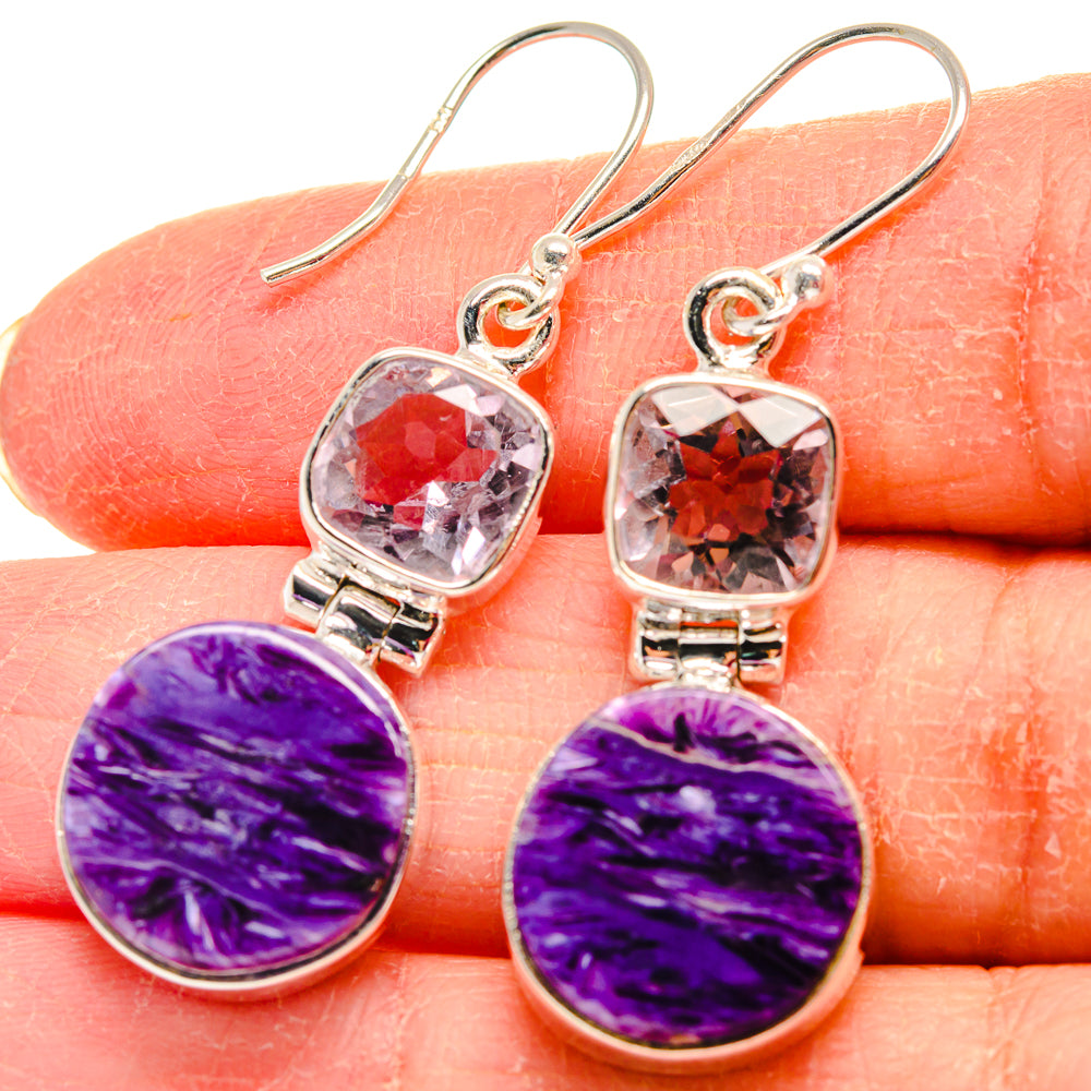 Sterling silver drop earrings with purple charoite ovals and pink faceted stones