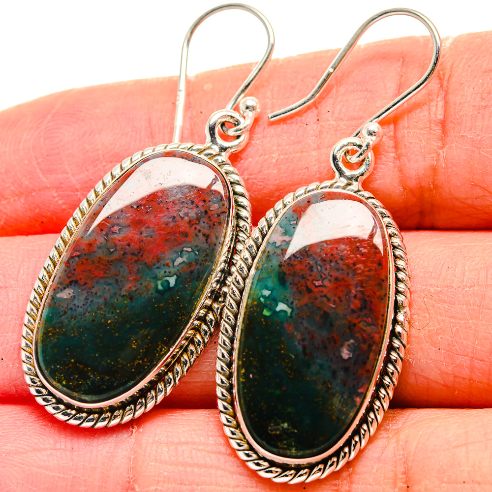 Oval bloodstone drop earrings, 925 sterling silver, red-green speckled cabochons