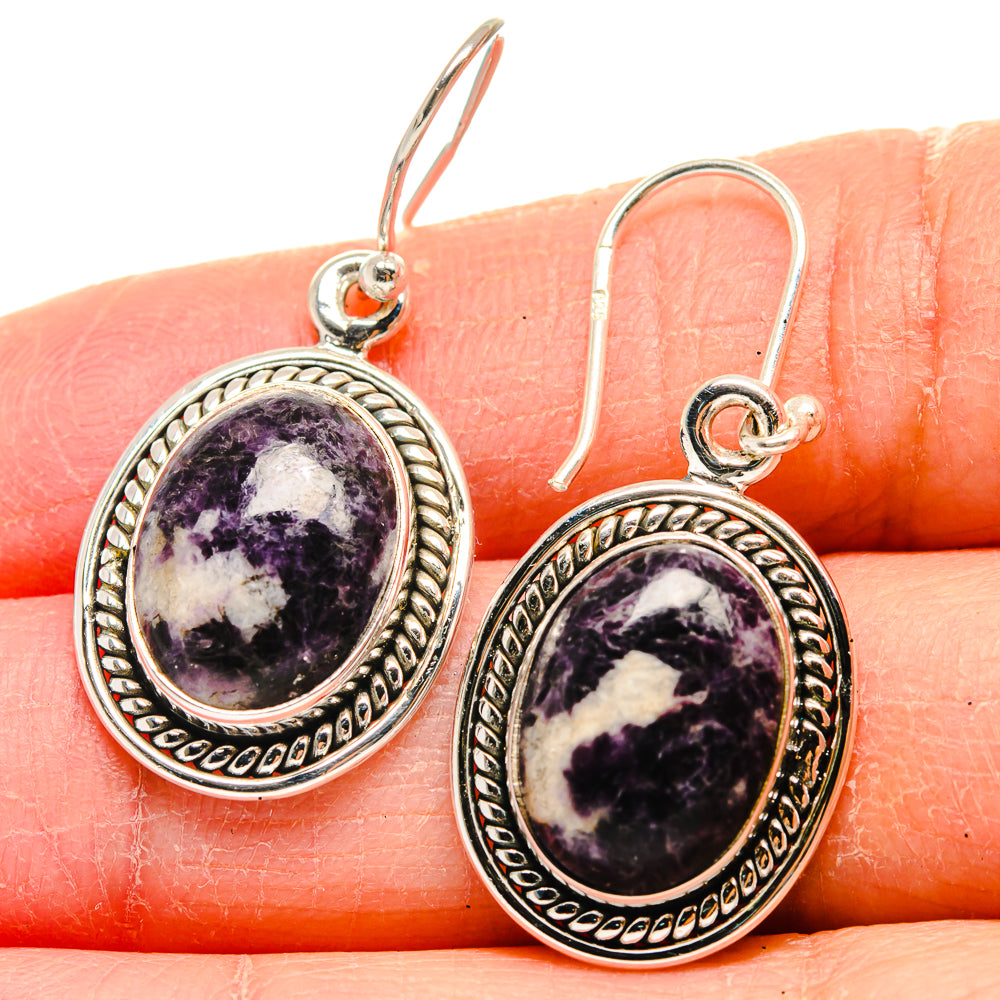Sterling silver oval gemstone drop earrings with swirled purple stone and beaded border