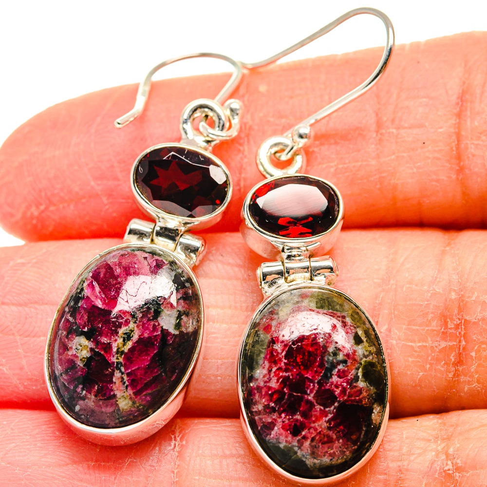 925 sterling silver drop earrings with red garnet and mottled oval eudialyte stones