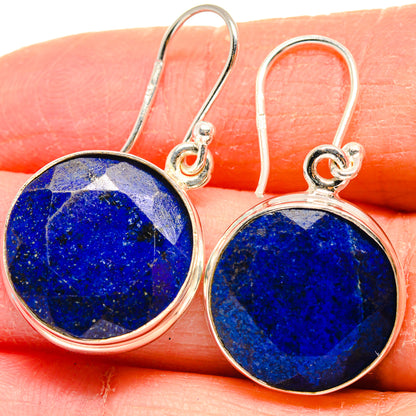 Round lapis lazuli earrings in 925 sterling silver, blue discs with fishhook backs