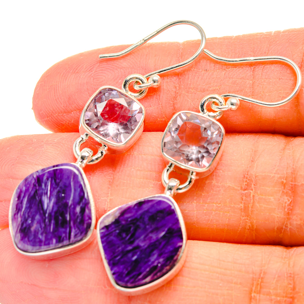 Purple heart gemstone drop earrings with 925 silver hooks and pink crystal accents