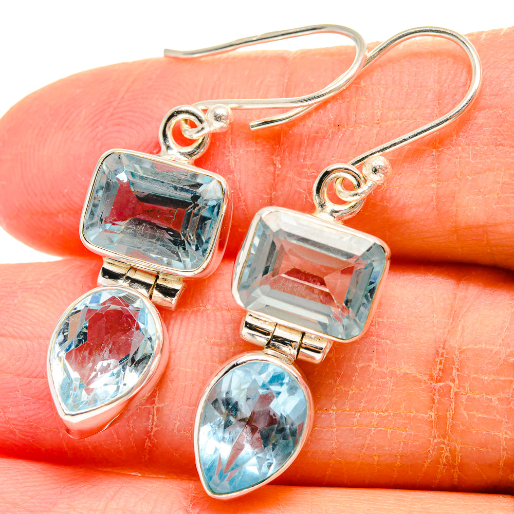 925 sterling silver blue topaz drop earrings, square and teardrop stones, close-up
