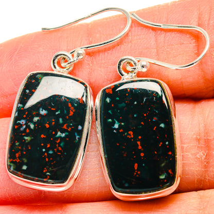Sterling silver bezel-set bloodstone earrings, dark green with red speckled pattern