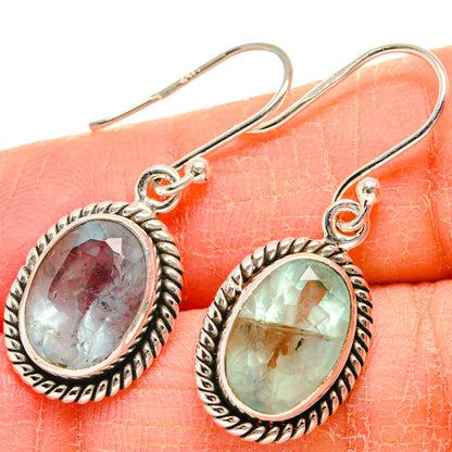 Oval fluorite drop earrings in 925 sterling silver, green and purple stone bezel settings