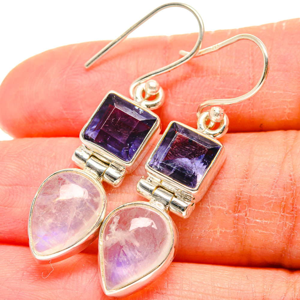 925 sterling silver earrings with purple square stones and pink teardrop moonstones