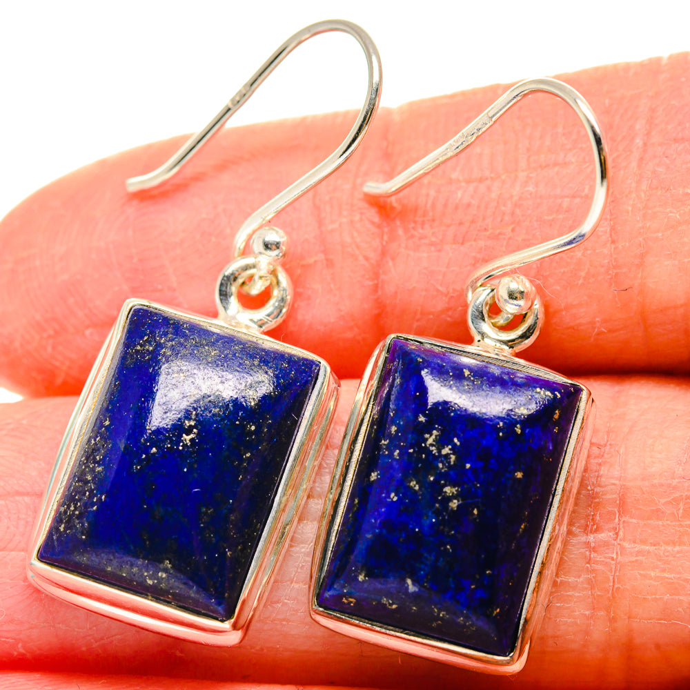 Lapis lazuli square earrings with silver hooks and bezel, deep blue stone flecks